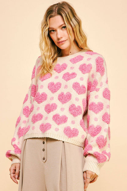 TEXTURED HEART LOOSE FIT LONG SLEEVE KNIT SWEATER: Pink / S