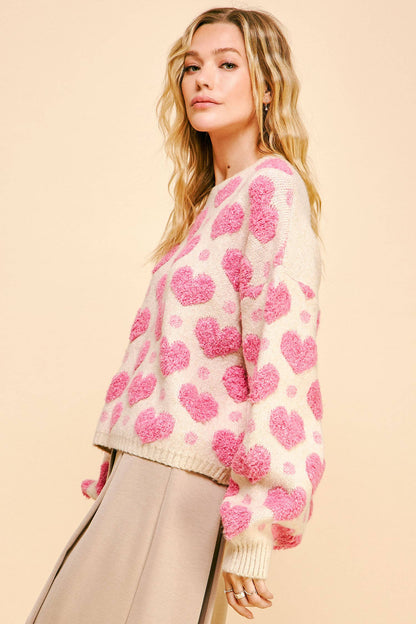 TEXTURED HEART LOOSE FIT LONG SLEEVE KNIT SWEATER: Pink / S