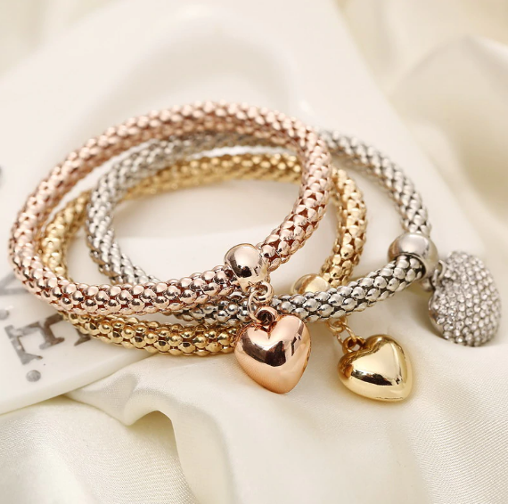 Solid Hearts Metal Bracelet: Set of 3