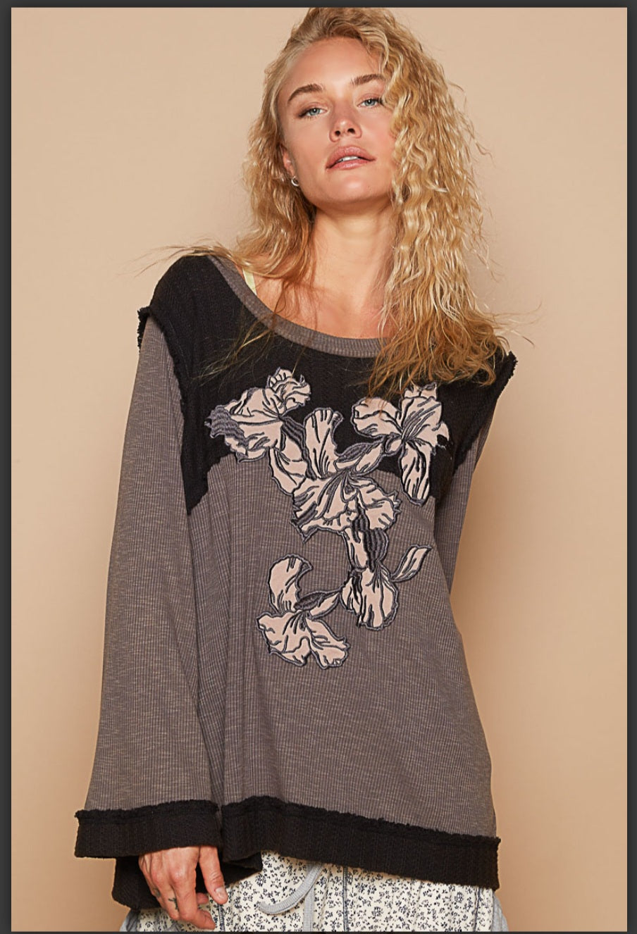 Oversized Pol Top with embroidered floral detail  S- L