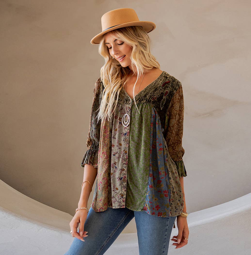 Women's Vintage Bohemian : Patchwork Velvet Top SIZE - S TO 3X